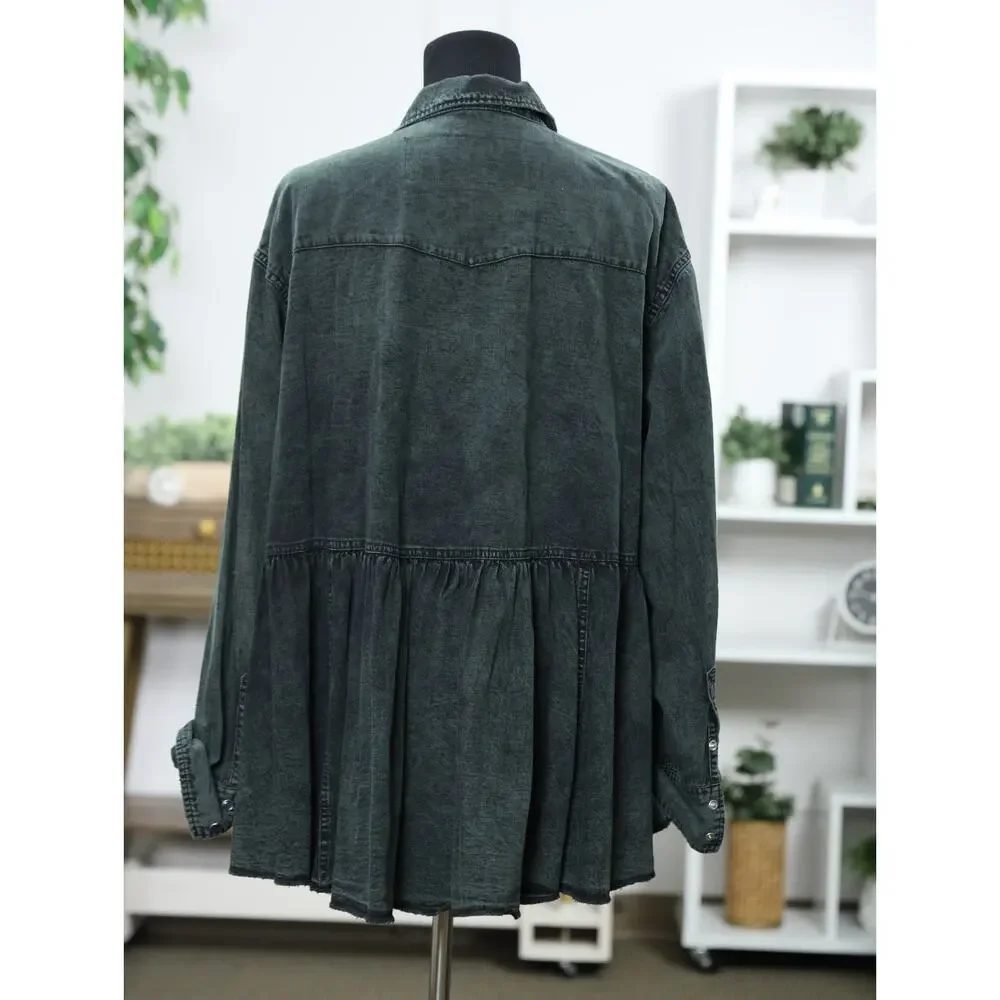 Free People We The Free Washed Black Oversized Peplum Denim Shacket Jacket XL